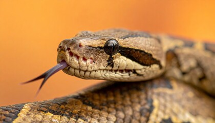 Close-up of a snake's head with tongue out on orange background.