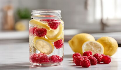 Clear jar filled with fruit in water, with fruit and kitchen in the blurred background