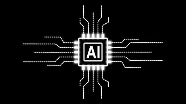 Artificial Intelligence AI microchip processor with circuit board animation.
