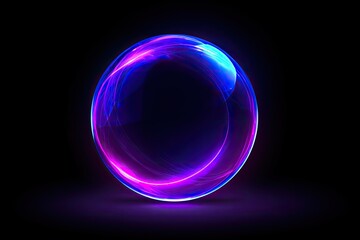 Glowing sphere with neon-like purple and blue light arcs against a deep black background