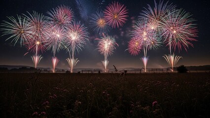 Spectacular colorful fireworks exploding over a dark field at night under a starry sky.