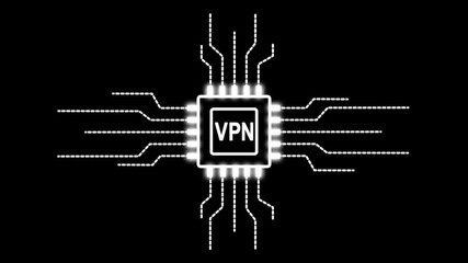 Digital motion graphics of a CPU microprocessor with VPN text symbol and electronic network lines for global information protection and online safety.