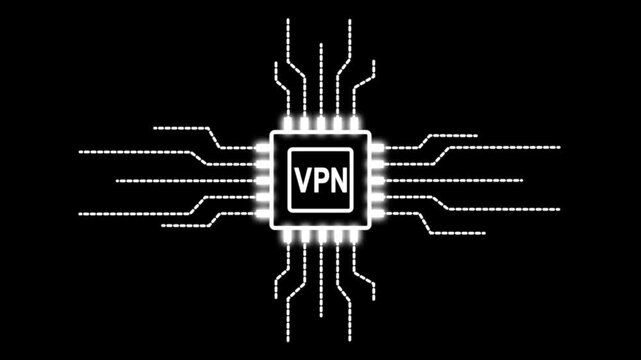 Digital motion graphics of a CPU microprocessor with VPN text symbol and electronic network lines for global information protection and online safety.