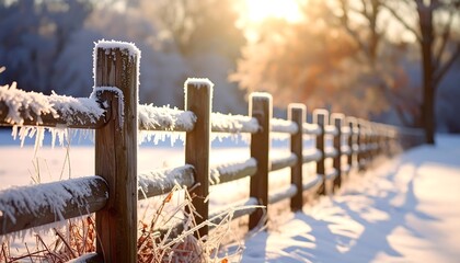 Wooden fence covered in frost and snow during a sunny winter morning.