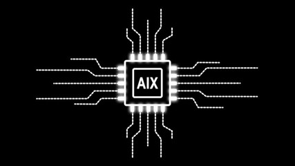 Digital motion graphics of a CPU microprocessor with AIX text symbol and electronic network lines for global information protection and online safety. - Powered by Adobe