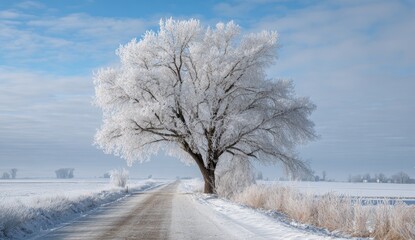 Frost-covered tree stands majestic beside a road through a snow-covered winter landscape