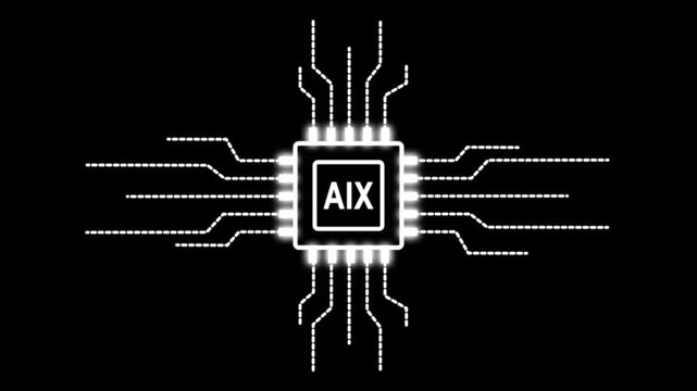 Digital motion graphics of a CPU microprocessor with AIX text symbol and electronic network lines for global information protection and online safety.