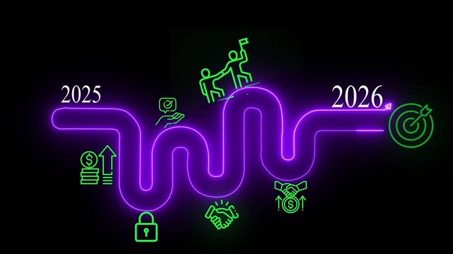 Business Growth Roadmap from 2025 to 2026 with Neon Line Path and Financial Icons.