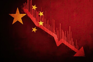 A graphic showing a red arrow pointing down over a faded red wall and stars