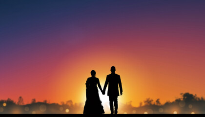 Fototapeta premium Silhouette of a couple holding hands against a vibrant sunset sky, celebrating love and togetherness