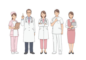 Medical professionals in uniform - Lifestyle Illustration, Flat Line Art, Flat Style Illustration, Flat Line Illustration, Cartoon Line Illustration, Modern Outline Flat Illustration