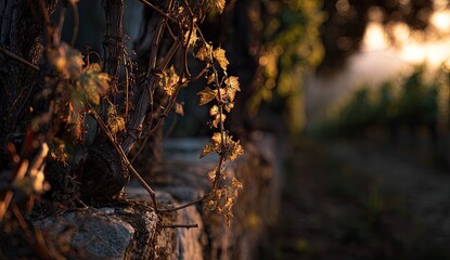 Golden hour illuminates a vineyard, vines in focus, background blurred