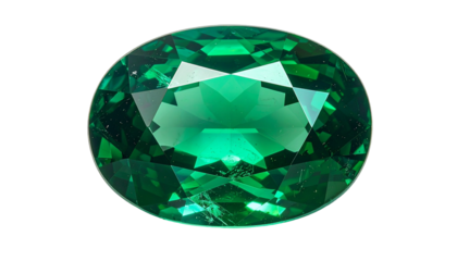 Oval-cut emerald gem glows intensely green against a black backdrop