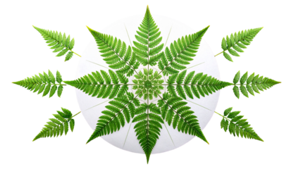 Eight fern fronds arranged radially around a central, circular, white design