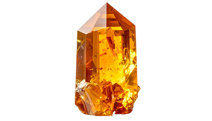 Golden, faceted crystal with internal imperfections against a black backdrop