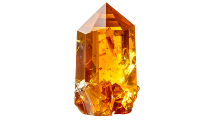 Golden, faceted crystal with internal imperfections against a black backdrop