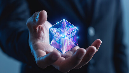 Futuristic glowing cube held in hand, a symbol of innovation and advanced technology