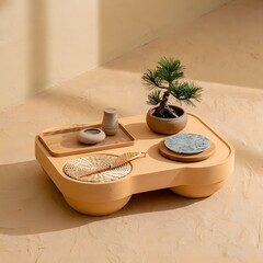 Minimalist wooden tray with decorative items and small pine tree