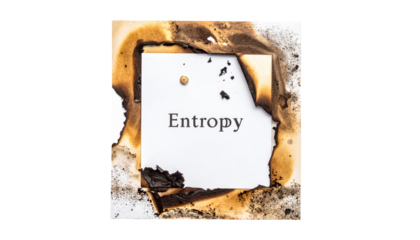 White paper with "Entropy" in a burnt frame. Black backdrop