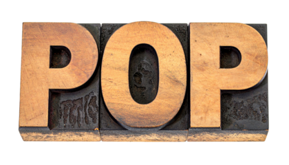 Wooden block letters spelling "POP," distressed texture on a black background