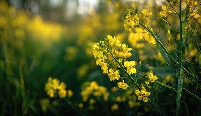 Obraz premium Golden canola flowers bloom in the soft light of a sunny field
