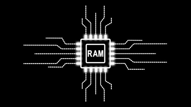 Digital motion graphics of a CPU microprocessor with RAM text symbol and electronic network lines for global information protection and online safety.