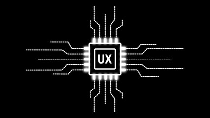 Digital motion graphics of a CPU microprocessor with UX text symbol and electronic network lines for global information protection and online safety. - Powered by Adobe