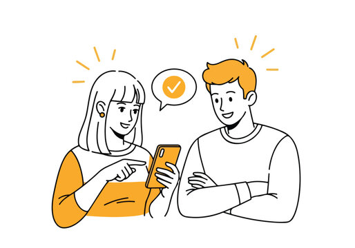 Two people discussing a phone - Lifestyle Illustration, Flat Line Art, Flat Style Illustration, Flat Line Illustration, Cartoon Line Illustration, Modern Outline Flat Illustration
