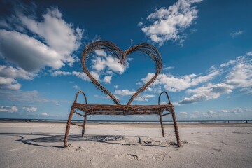 Heart-shaped chair sits on a sandy beach against a backdrop of blue sky & fluffy clouds