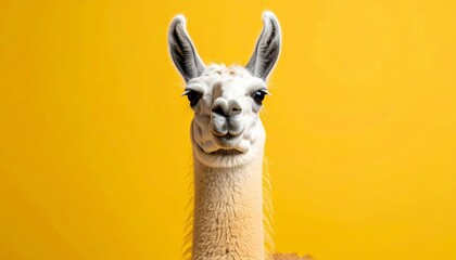 Fototapeta premium Portrait of a llama with a yellow background.