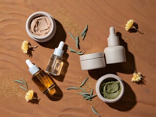 Natural skincare products arranged on sandy surface with flowers