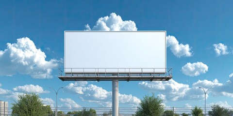 A blank outdoor billboard against a blue sky with fluffy clouds