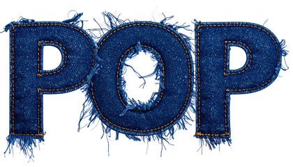 POP" text made of denim with frayed edges against a black background