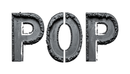 Grungy, gray word "POP" in a textured, industrial style against black