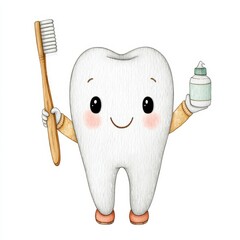 Smiling Cartoon Tooth with Toothbrush and Mouthwash