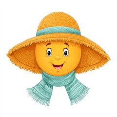 Smiling Cartoon Sun Face in Straw Hat and Scarf