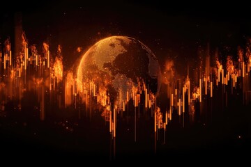 A fiery, digital globe sits amidst burning stock market graphs on a dark background