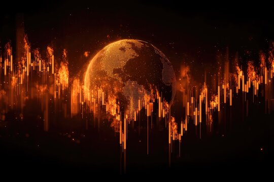 A fiery, digital globe sits amidst burning stock market graphs on a dark background - Powered by Adobe