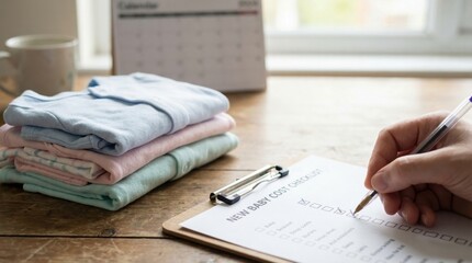 Child Cost Planning concept. New baby checklist with folded clothes on a wooden table.