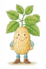 Smiling Cartoon Potato Illustration with Green Leaves