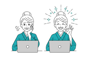 Women reacting differently to computer screens - Lifestyle Illustration, Flat Line Art, Flat Style Illustration, Flat Line Illustration, Cartoon Line Illustration, Modern Outline Flat Illustration
