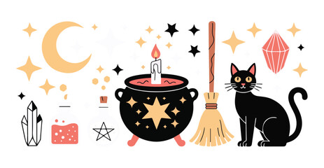 Colorful magic witchcraft elements with crescent moon, stars, potion, candle, cauldron, broom, cat