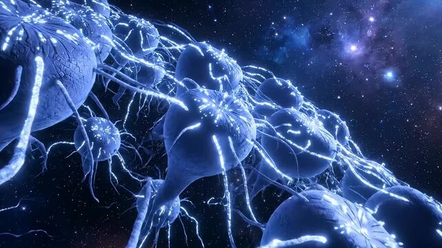 Visualizing intricate neural networks facilitating advanced AI drug discovery, showcasing a futuristic interplay of science and technology in a cosmic setting.