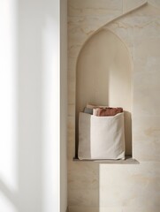 Serene alcove with pillows and books in a marble niche