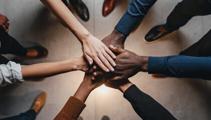 Diverse group of people demonstrating powerful collaboration and unity through stacked hands gesture, representing corporate teamwork success