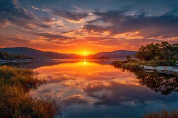 Stunning sunrise over a calm lake, vibrant colors reflecting on the water's surface