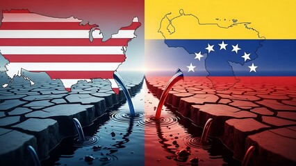 USA and Venezuela maps split by cracked earth, symbolizing resource conflict