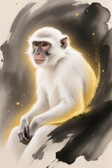 Artistic white Monkey with abstract ink splashes, luxury eastern painting style, gold foil accents floating across the form, symbolic and elegant, warm golden background