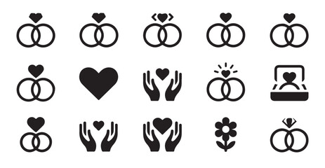Simple wedding ring icons set symbolizing love marriage commitment and engagement