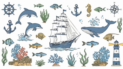 Nautical Marine Life and Sailing Ship Collection. © Sikapat